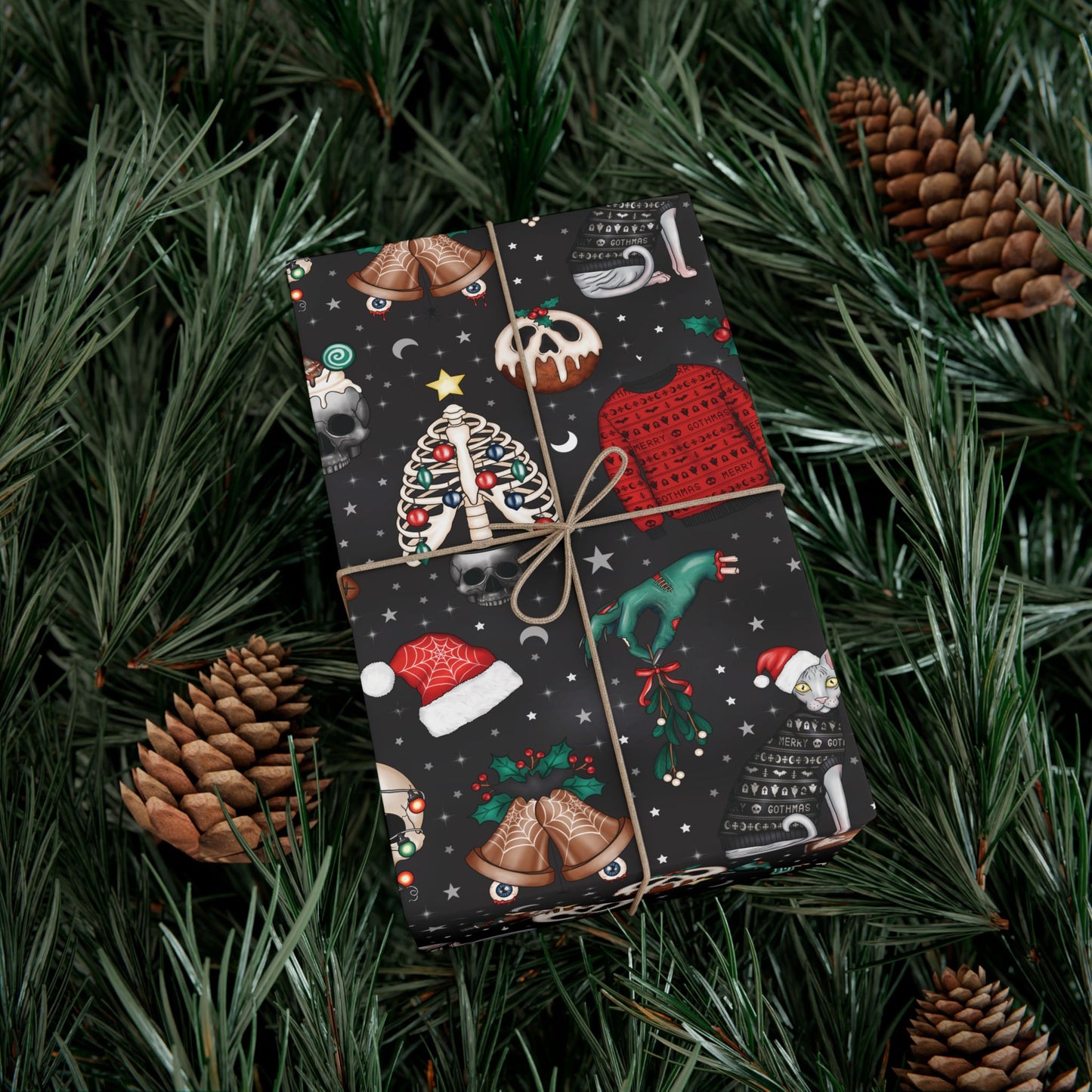 Kitschy Kawaii Goth Christmas, Creepy Cute Whimsigoth Creepmas Black Eco-Friendly Gift Wrap Paper