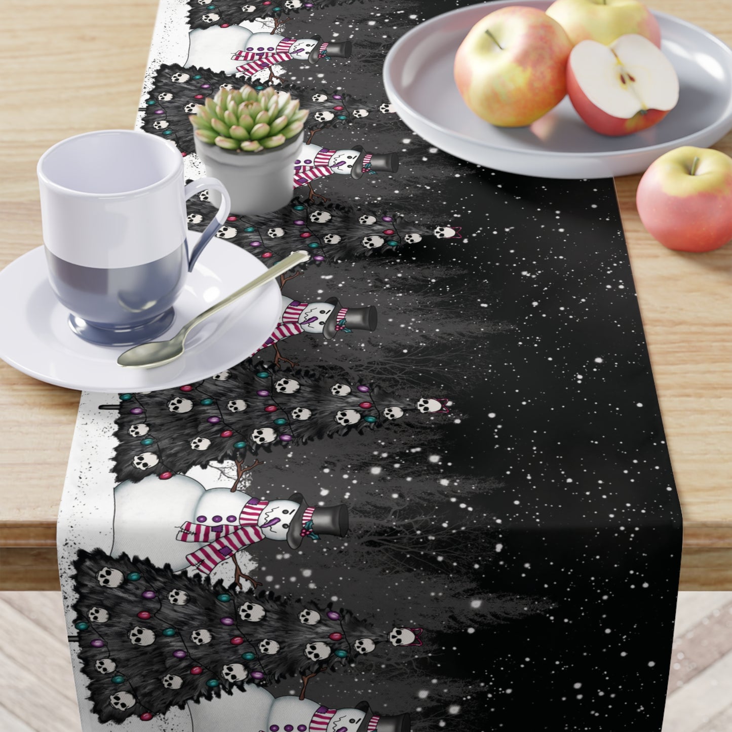 Creepy Snowmen Goth Christmas Tree Farm, Black Holiday Table Runner