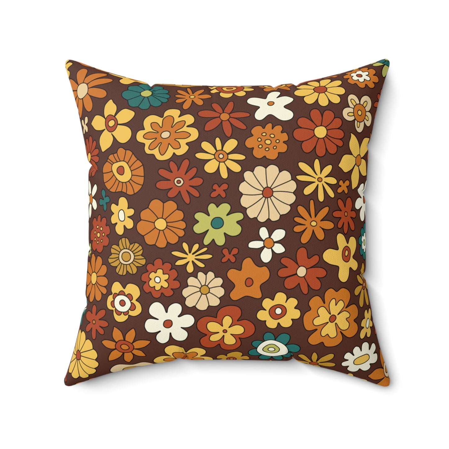 Retro 60s 70s Groovy Floral Mid Century Modern Boho Brown Throw Pillow