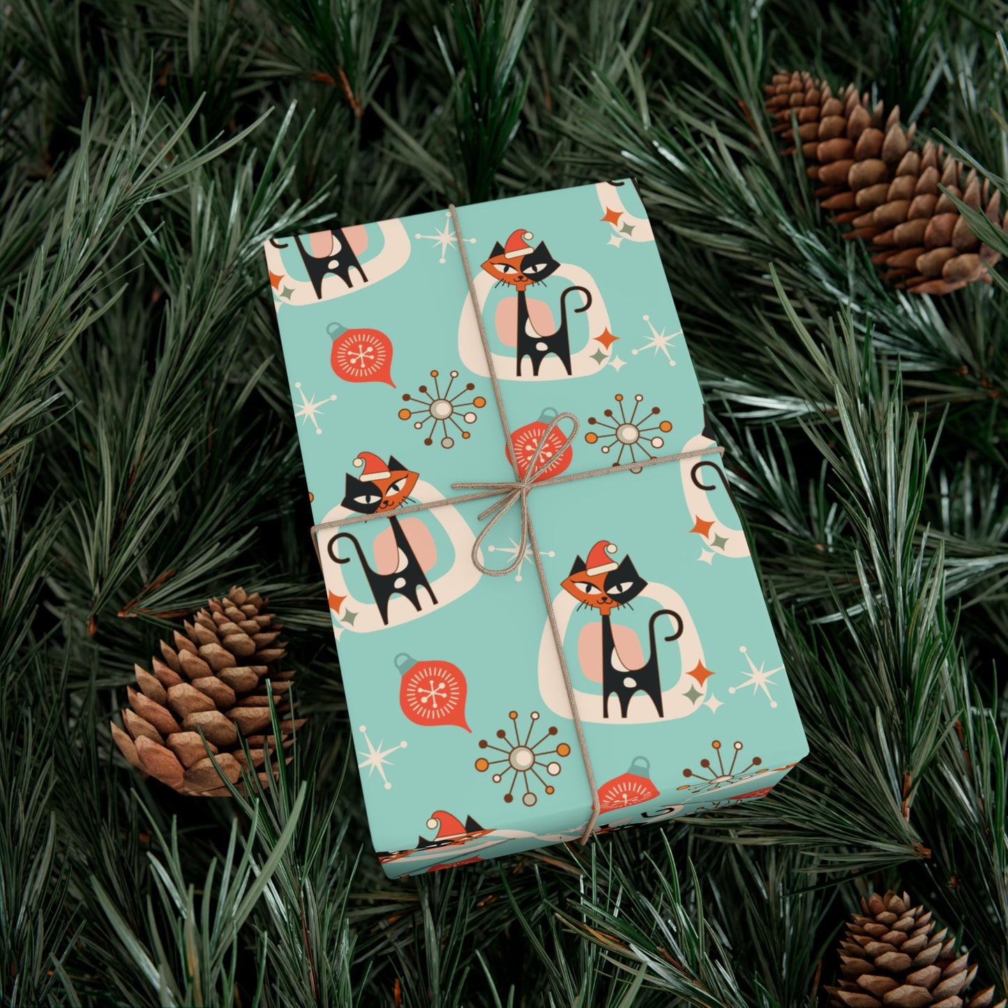 Retro 50's Atomic Cat & Starbursts Kitschy Christmas Mid Century Modern Blue Eco-Friendly Wrapping Paper