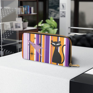 Retro 50s Atomic Cat, Boomerang & Starbursts MCM Purple, Orange, Black Zipper Wallet | lovevisionkarma.com