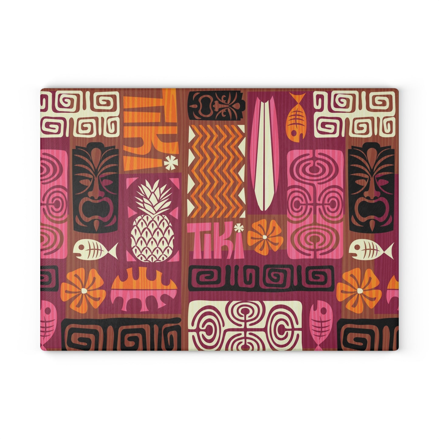 Retro 60s Tiki Mid Century Mod Brown, Orange & Pink Glass Cutting Board