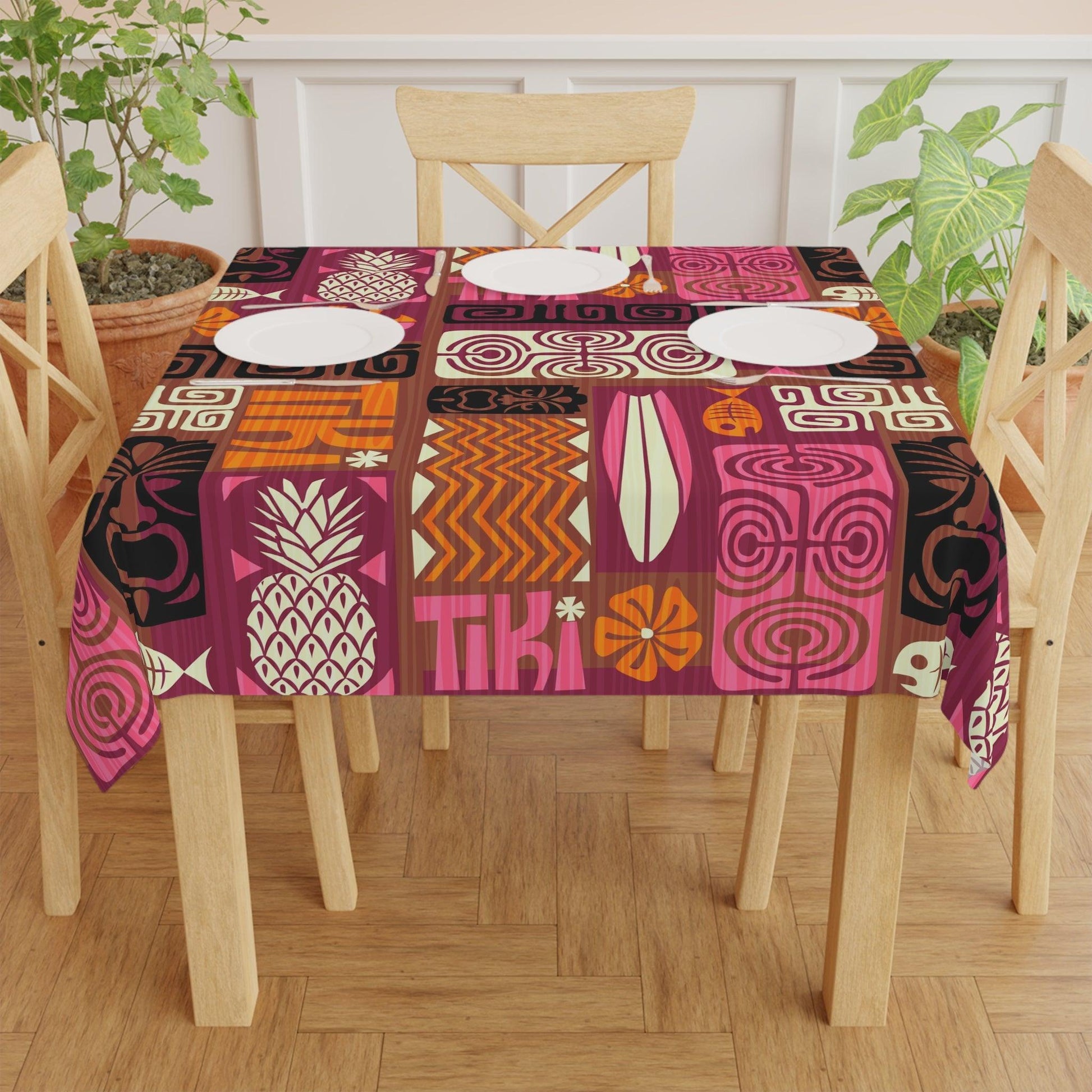 Tiki Retro 60s Mid Century Modern Orange, Brown & Pink Tablecloth | lovevisionkarma.com