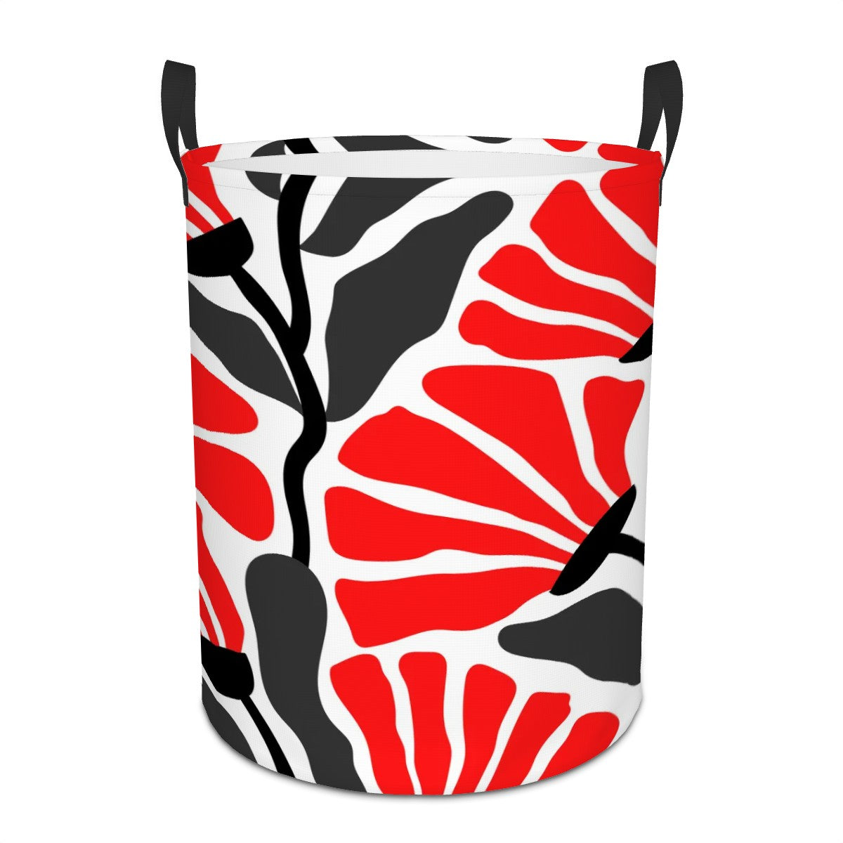 Groovy Retro Abstract Flowers MCM Red, Black, White and Gray Circular Laundry Basket