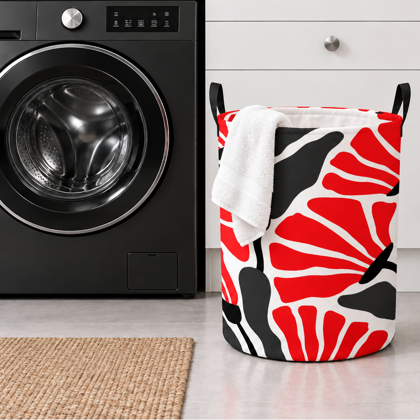 Groovy Retro Abstract Flowers MCM Red, Black, White and Gray Circular Laundry Basket