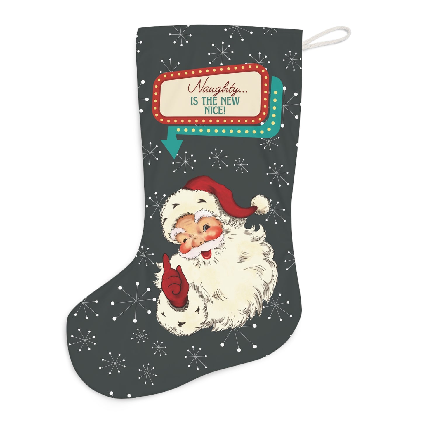 Vintage Santa Winking Cheeky Retro 50s Atomic Burst Mid Century Mod Charcoal Gray Stocking