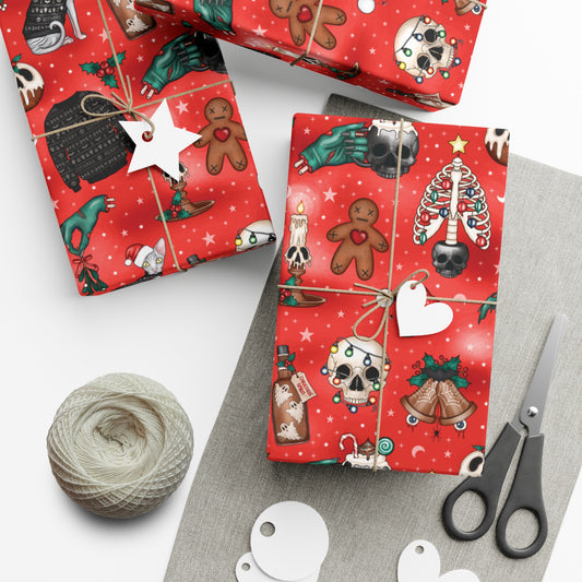 Goth Christmas Kitsch Skulls, Cats & Zombie Hands Red Eco-Friendly Gift Wrap Paper