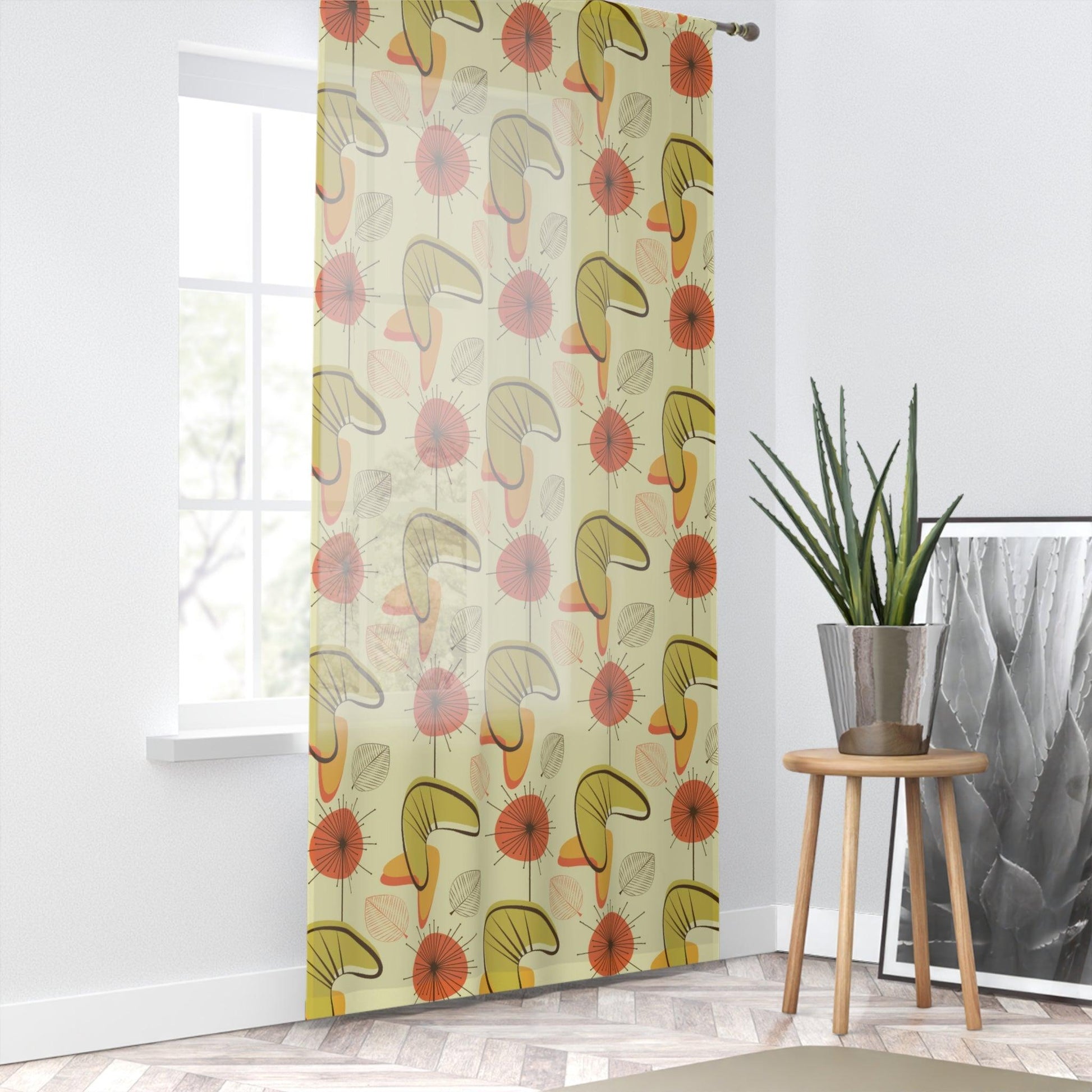 Retro Atomic Boomerangs & Leaves MCM Orange, Green & Yellow Sheer Window Curtain | lovevisionkarma.com