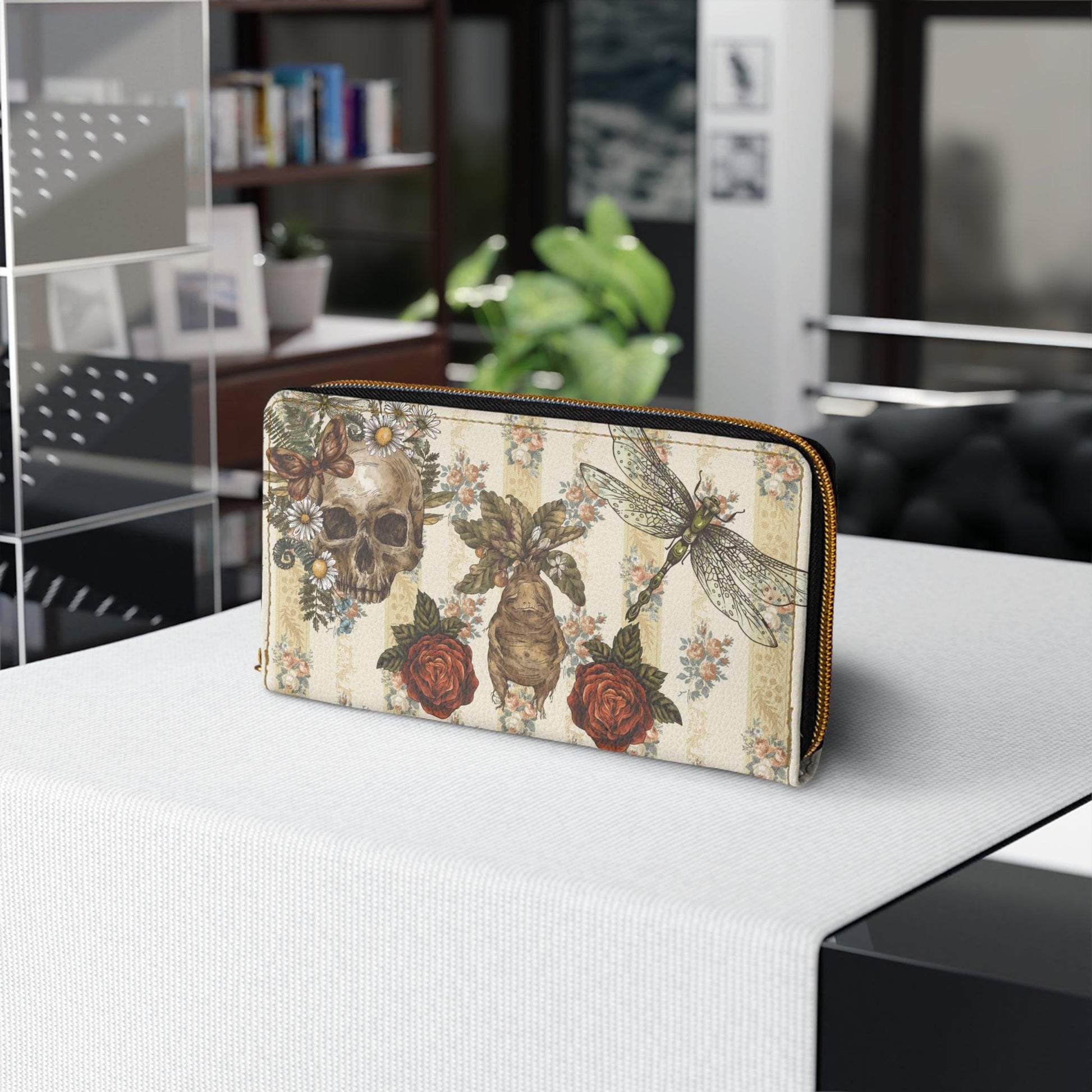 Cottagecore Dragonfly, Floral Skull and Mandrake Zipper Wallet | lovevisionkarma.com