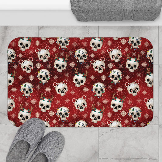 Goth Christmas Skulls, Festive Red Gothmas Creepmas Whimsigoth Bath Mat