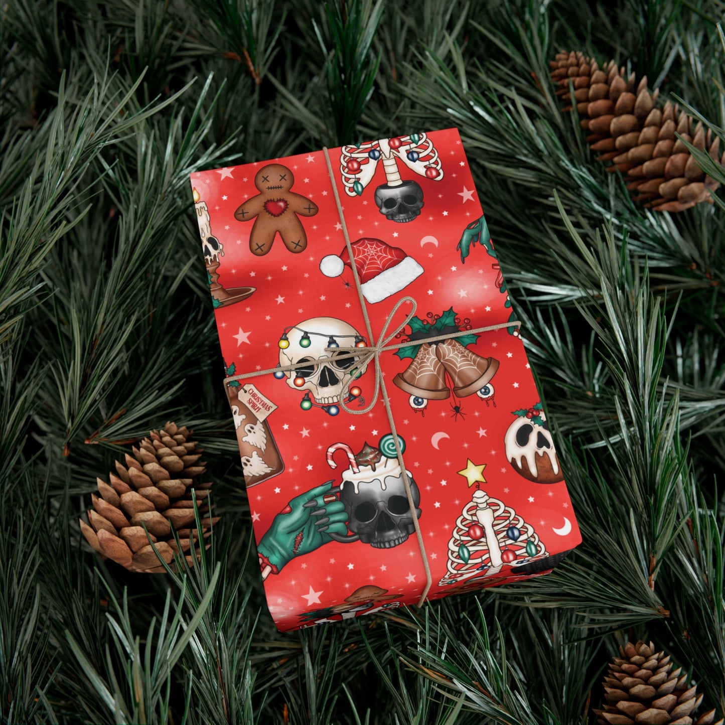 Goth Christmas Kitsch Skulls, Cats & Zombie Hands Red Eco-Friendly Gift Wrap Paper