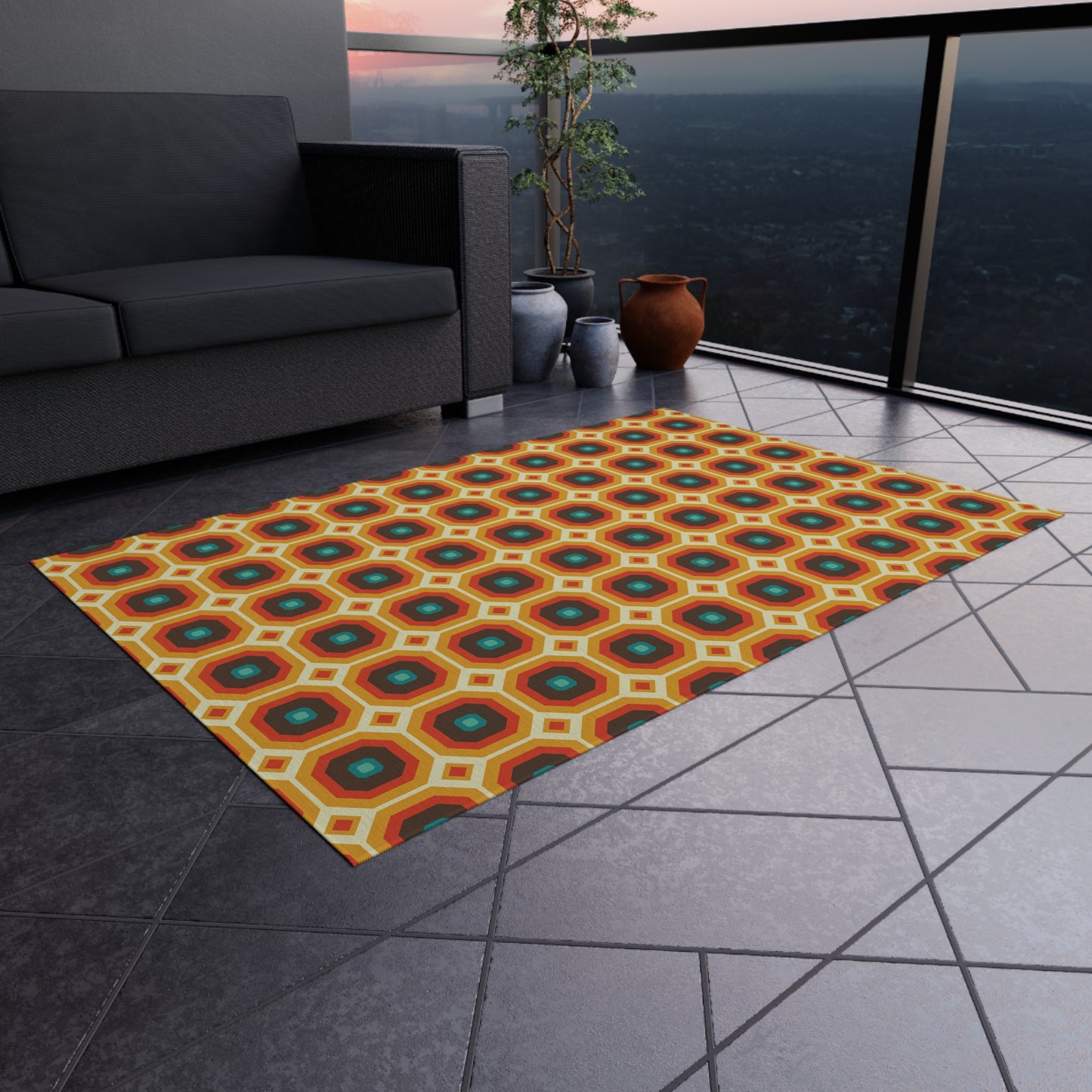 Retro 60s 70s Funky Mod Square Mid Century Geo Brown & Orange Anti-Slip Indoor/Outdoor Accent Rug