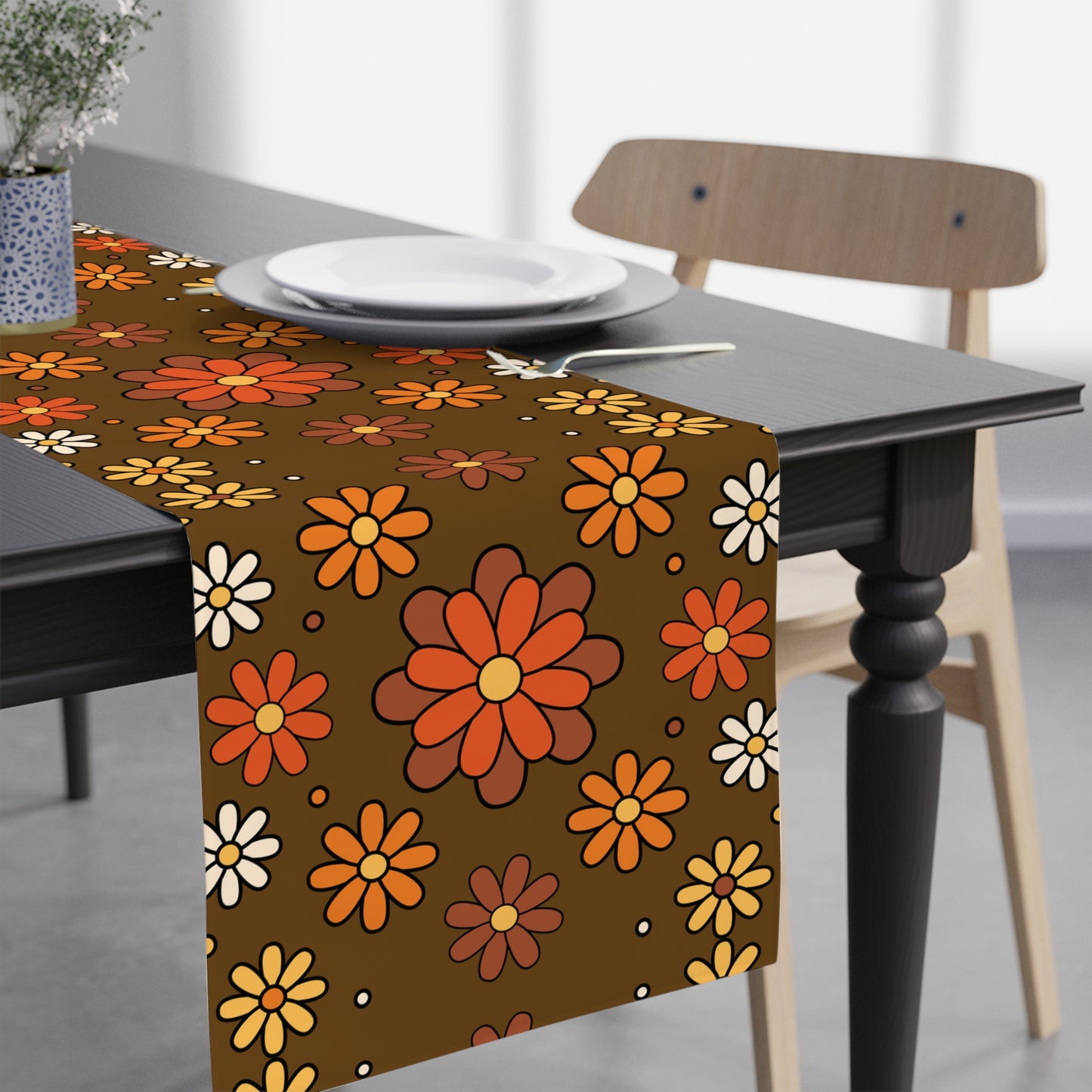 Retro 60s 70s Groovy Mod Daisy, Floral Mid Century Brown & Orange Table Runner