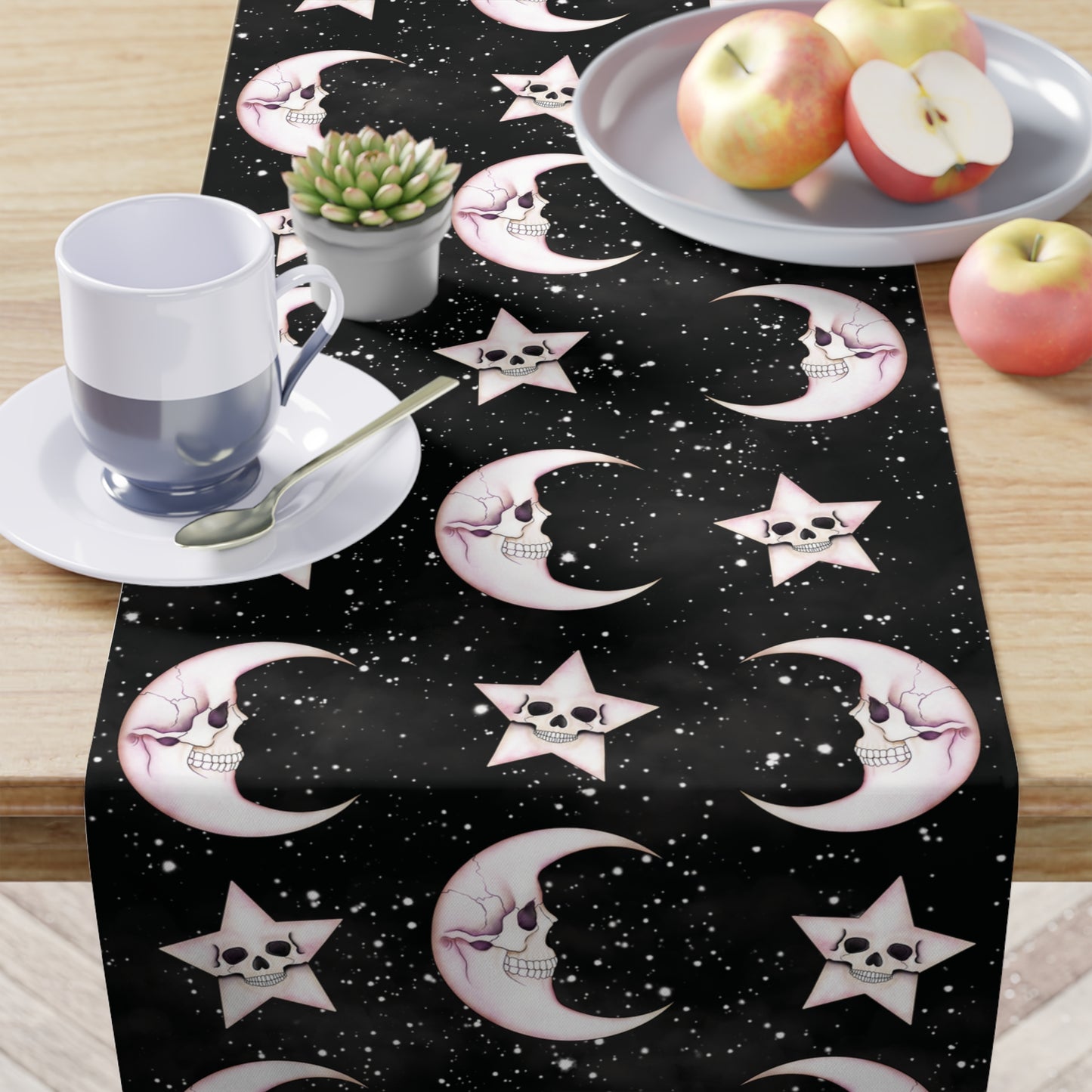 Goth Christmas Celestial Moon & Stars, Whimsical Kawaii Creepmas Black Table Runner