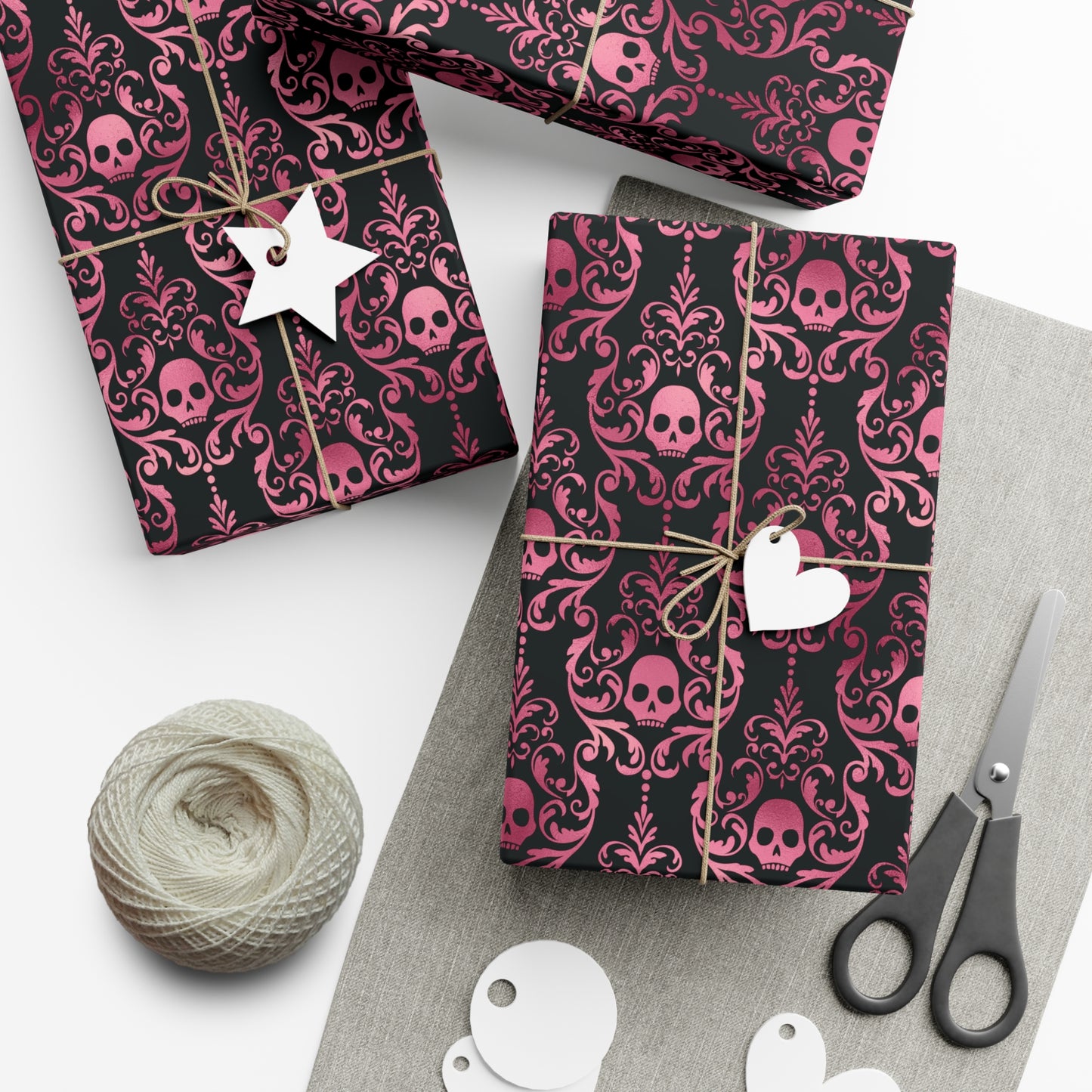 Pink Damask Skulls, Victorian Goth, Dark Academia, Goth Christmas & Creepmas Glam Black Eco-Friendly Gift Wrap Paper