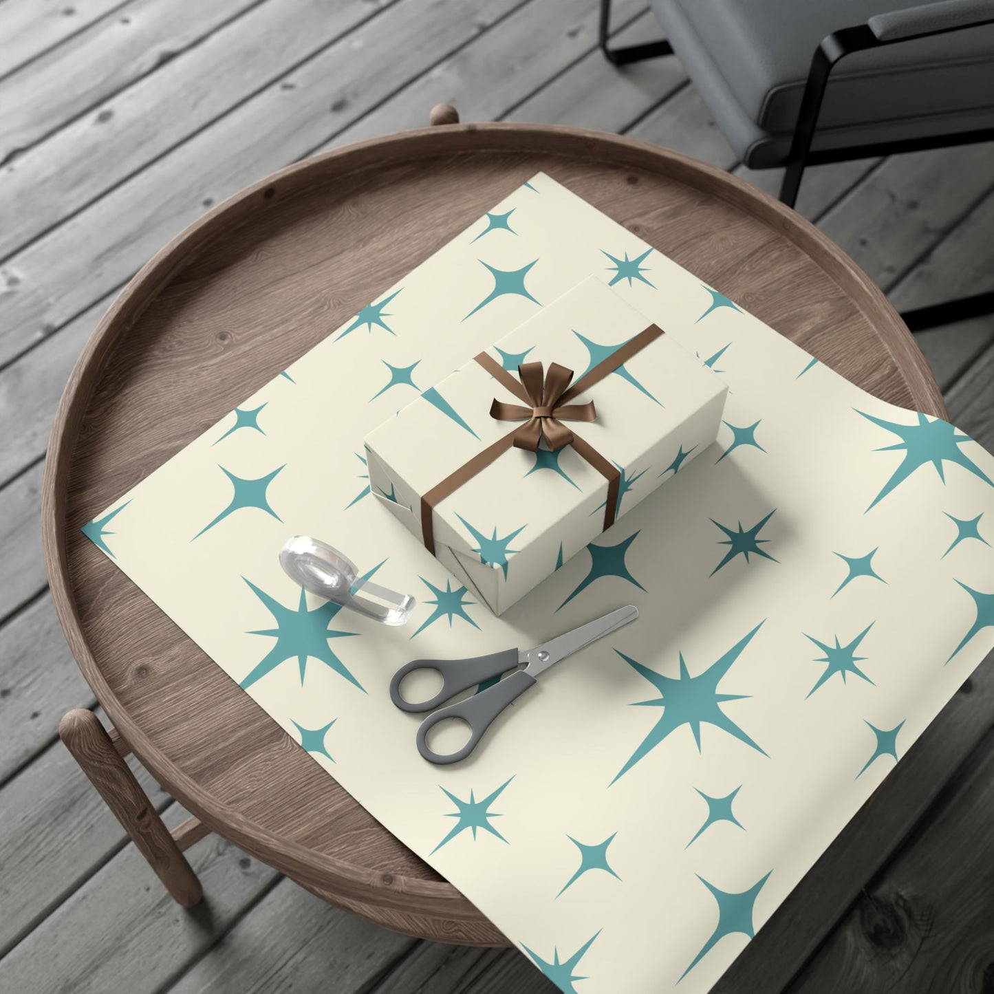Large Starburst Version of Retro Atomic Starburst MCM Off-White & Blue Gift Wrapping Paper