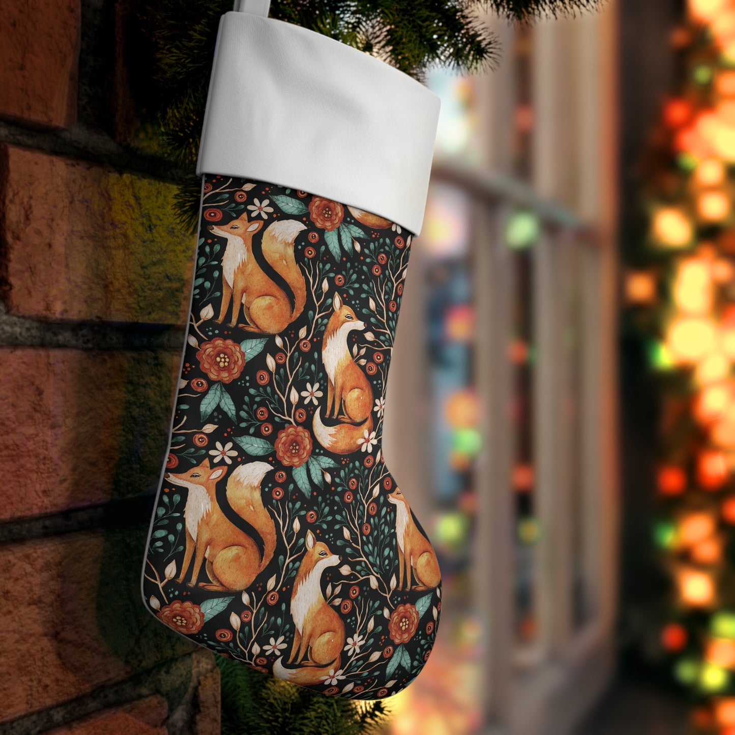 Enchanted Woodland Fox, Dark Cottagecore Watercolor Style, Black Yule Christmas Stocking