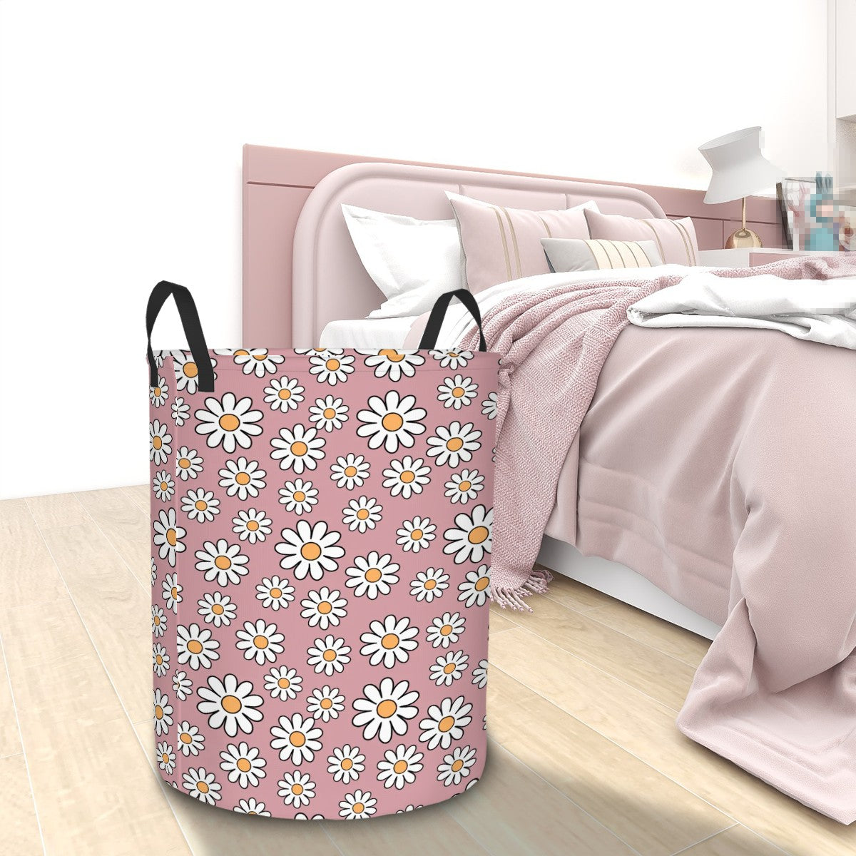 Retro 60s Boho Daisy Dusty Rose MCM Round Laundry Hamper