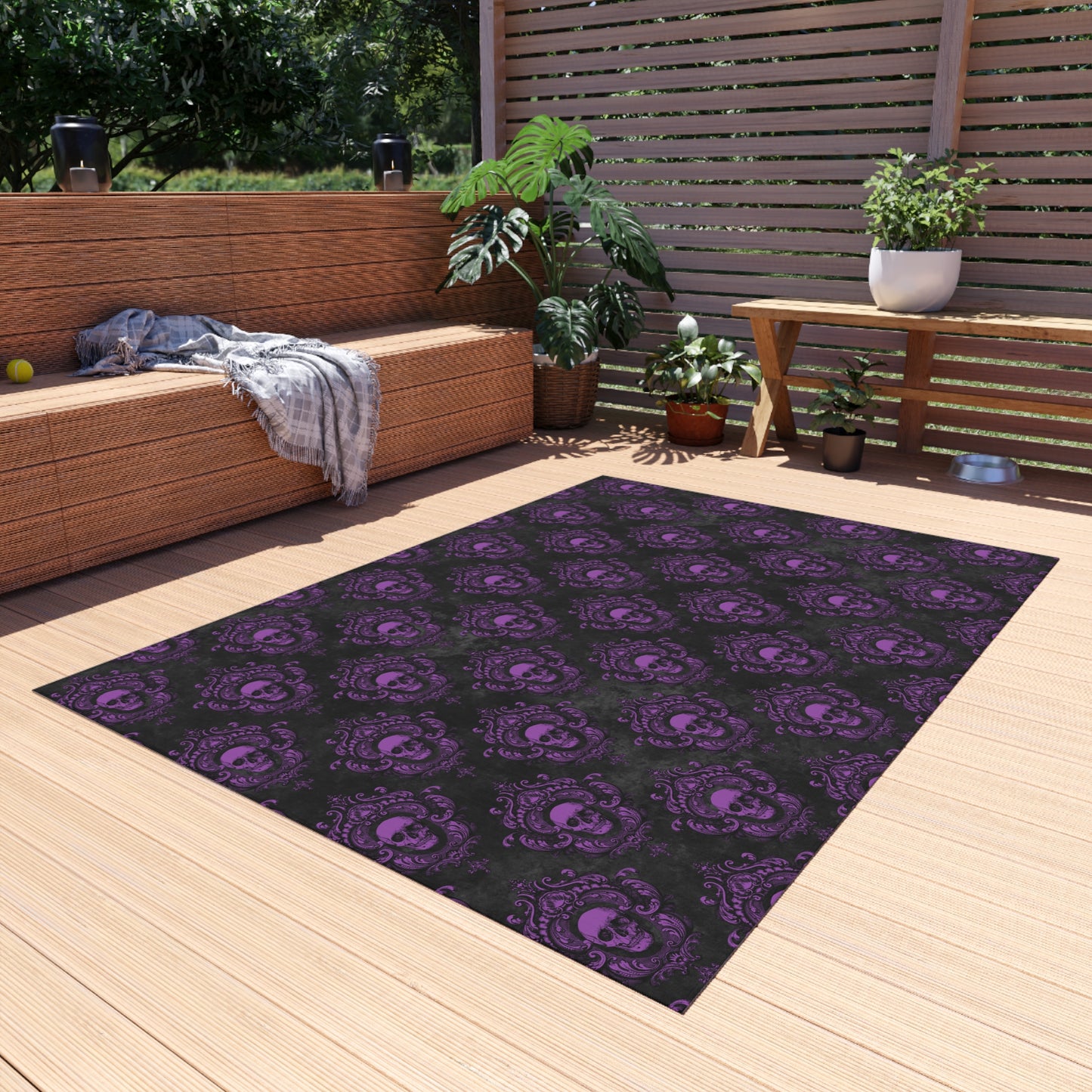 Gothic Purple Skulls, Victorian Glam Goth, Dark Academia Anti-Slip Indoor/Outdoor Accent Rug