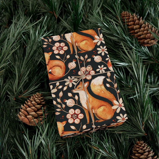 Enchanted Woodland Fox, Floral Dark Cottagecore Watercolor Style, Black Eco-Friendly Gift Wrap