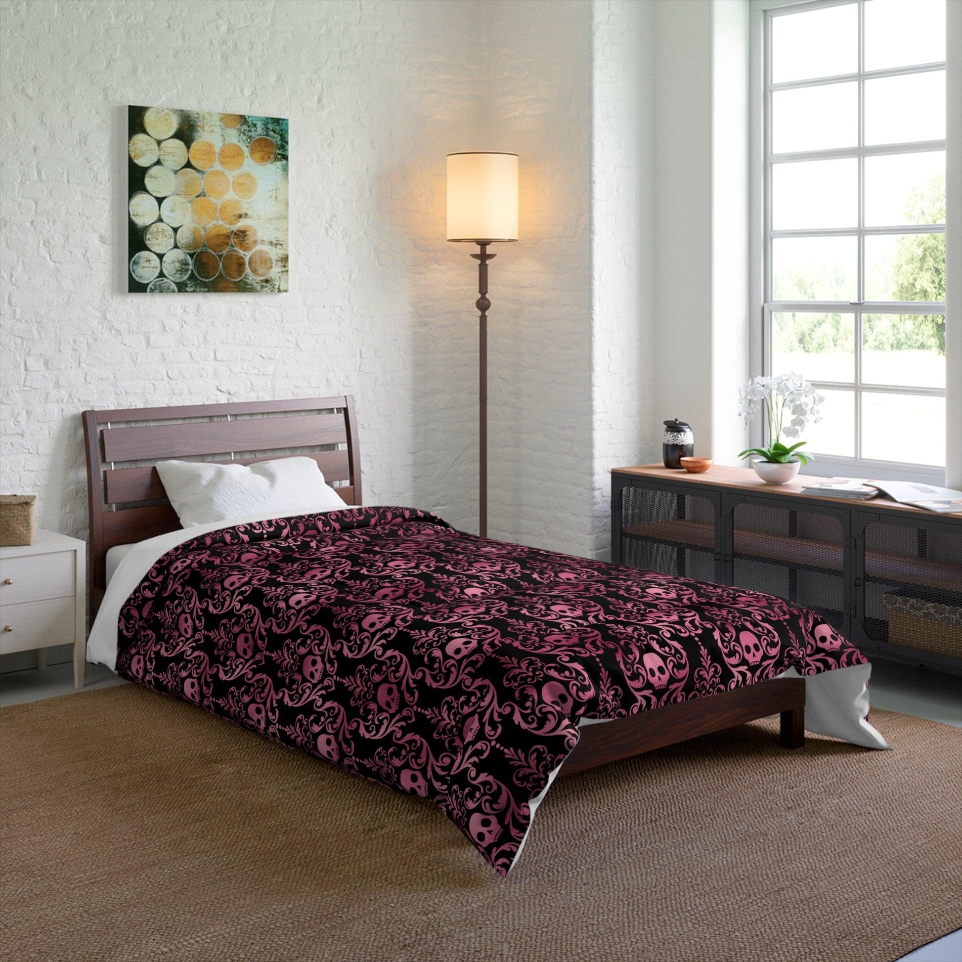 Goth Pink Skull Damask Halloween Glam Goth Black Comforter | lovevisionkarma.com