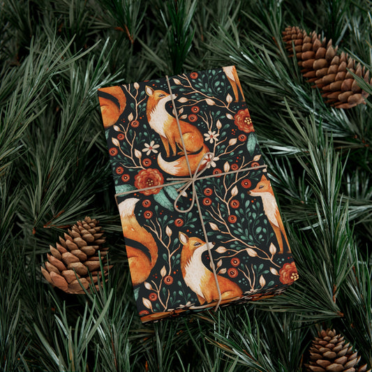 Enchanted Woodland Fox, Dark Cottagecore Watercolor Style Black Eco-Friendly Gift Wrap
