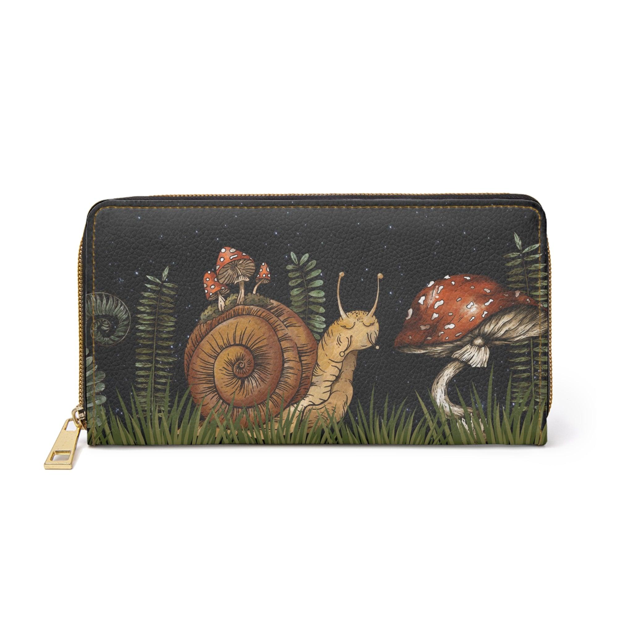 Boho Snail and Mushroom Enchanted Forest Cottagecore Zipper Wallet | lovevisionkarma.com