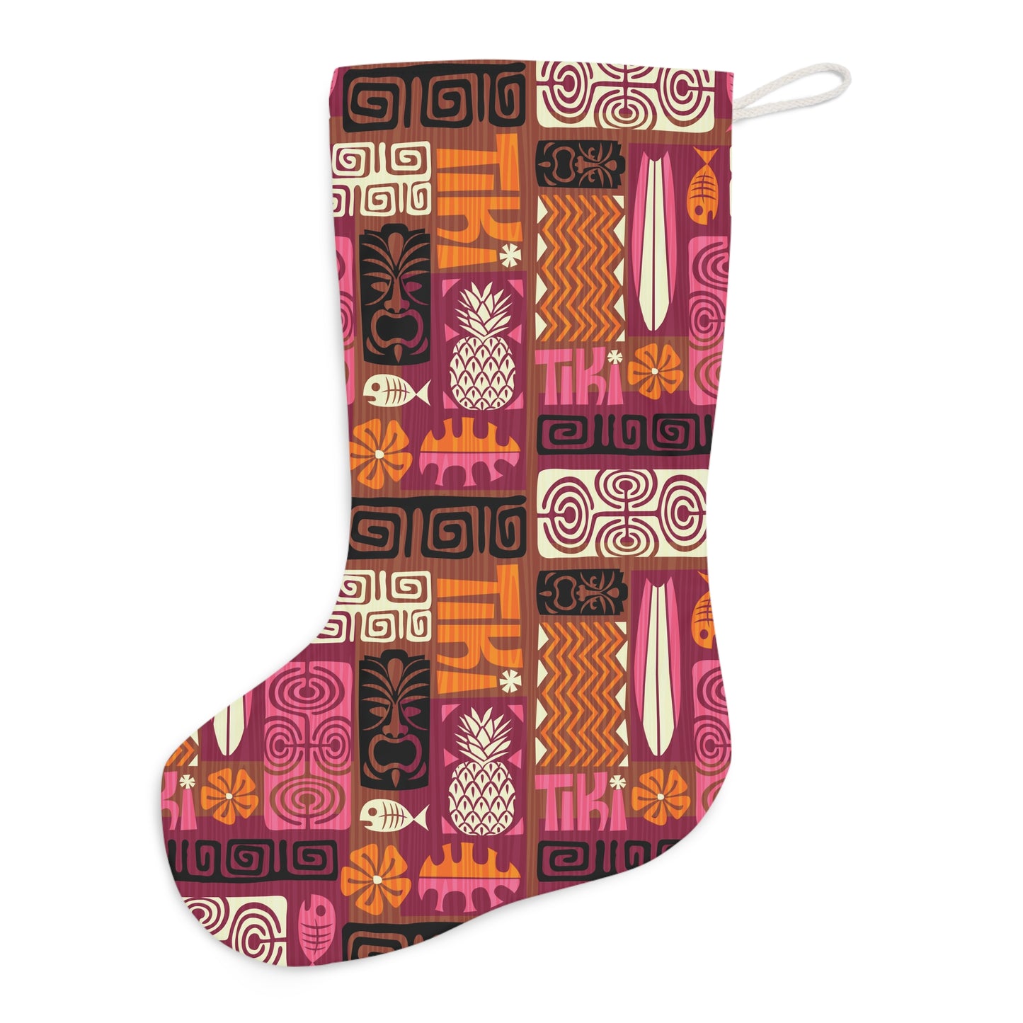 Retro Tiki Christmas 60s Vibes Mid Century Modern Brown, Orange, Pink Holiday Stocking