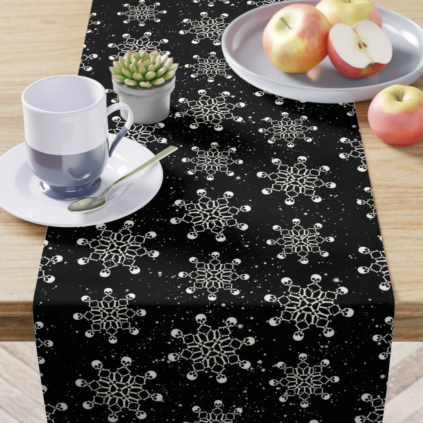 Goth Christmas Skull Snowflakes Creepmas Black Holiday Table Runner