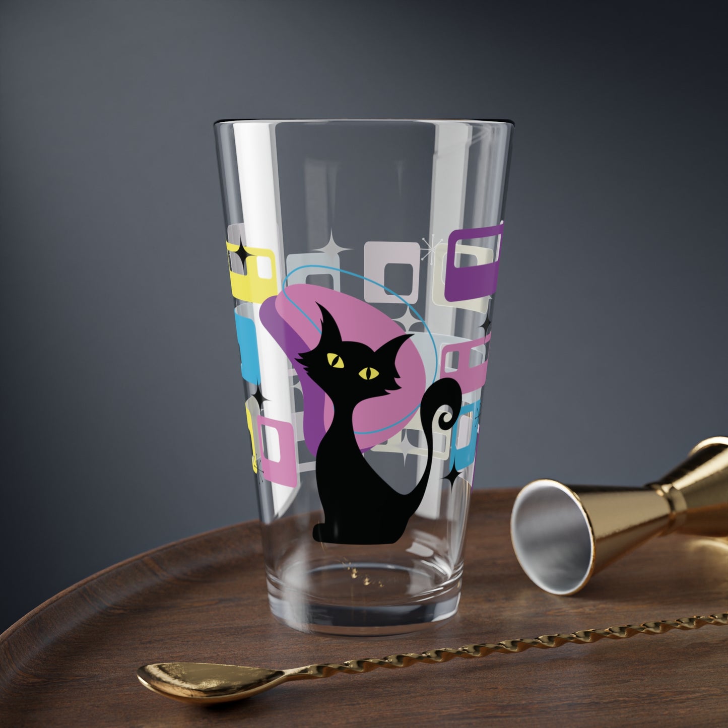 Retro 50s Atomic Black Cat Mid Century Modern Pink, Purple & Blue Pint Glass