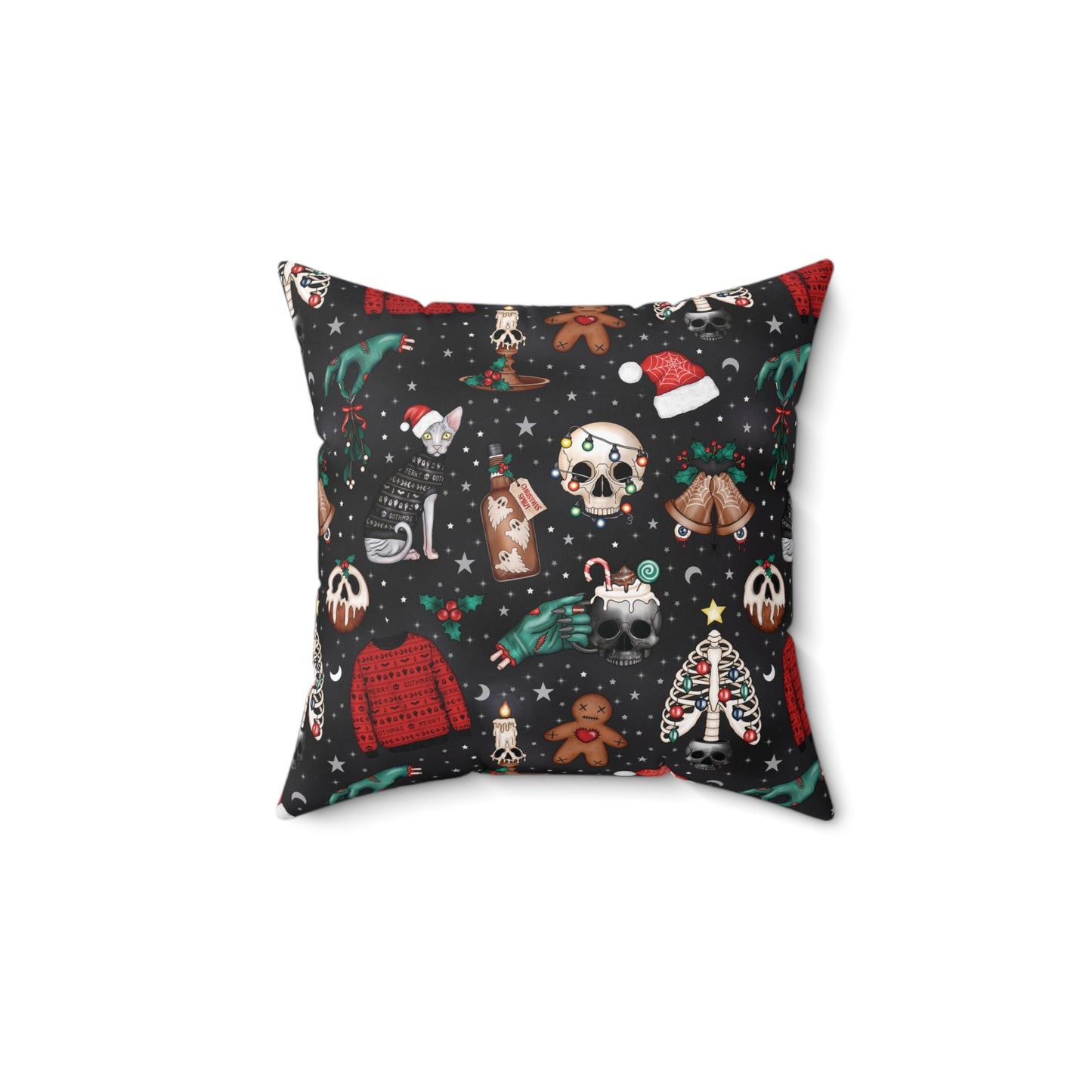 Kitschy Kawaii Goth Christmas, Creepy Cute Whimsigoth Black Creepmas Accent Pillow