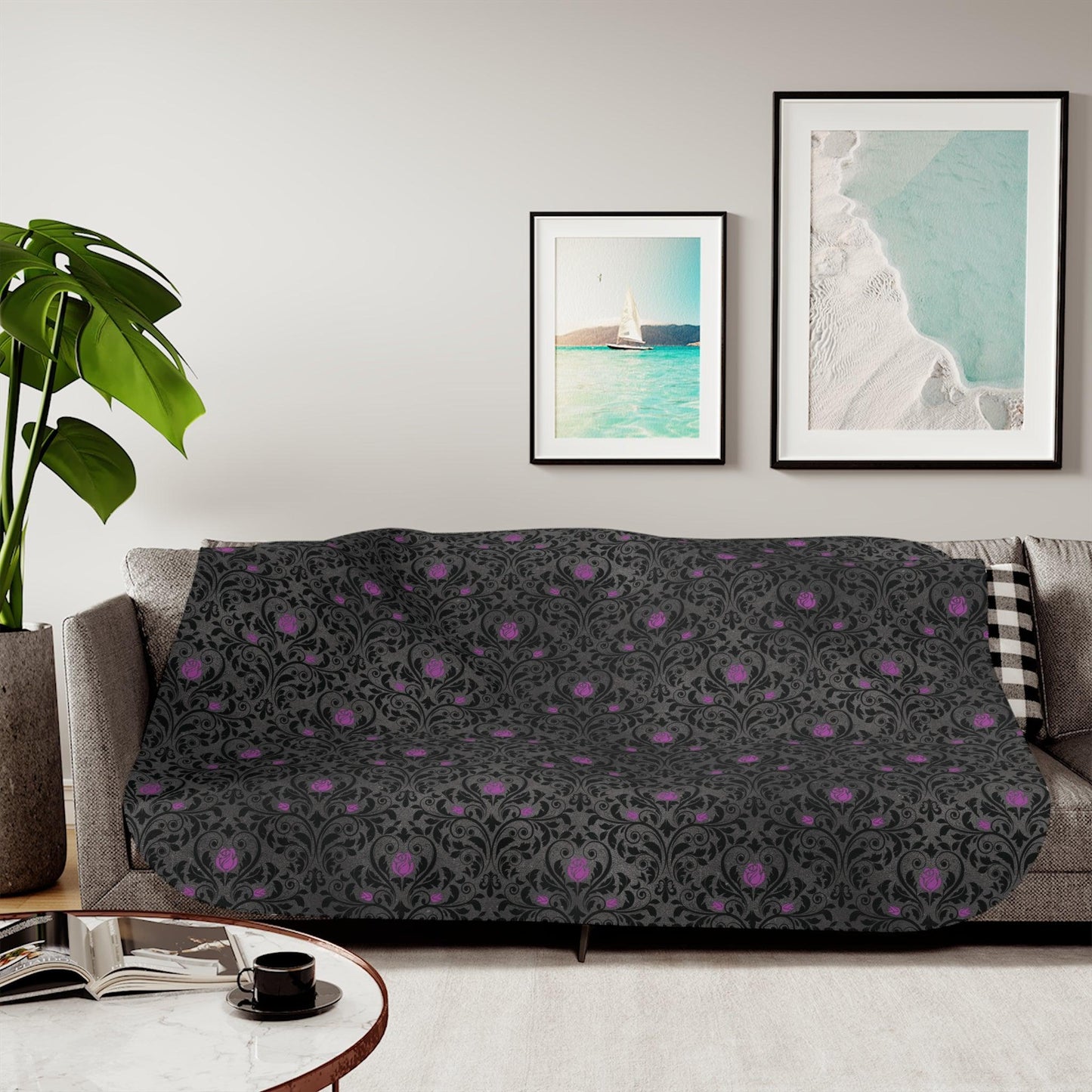 Victorian Goth Damask Purple and Black Halloween Sherpa Blanket | lovevisionkarma.com