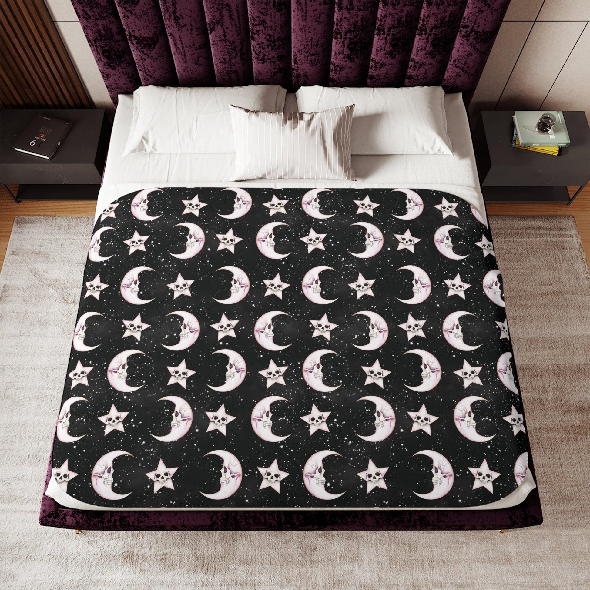 Goth Christmas Celestial Moon & Stars Whimsical Kawaii Creepmas Black Sherpa Blanket | lovevisionkarma.com