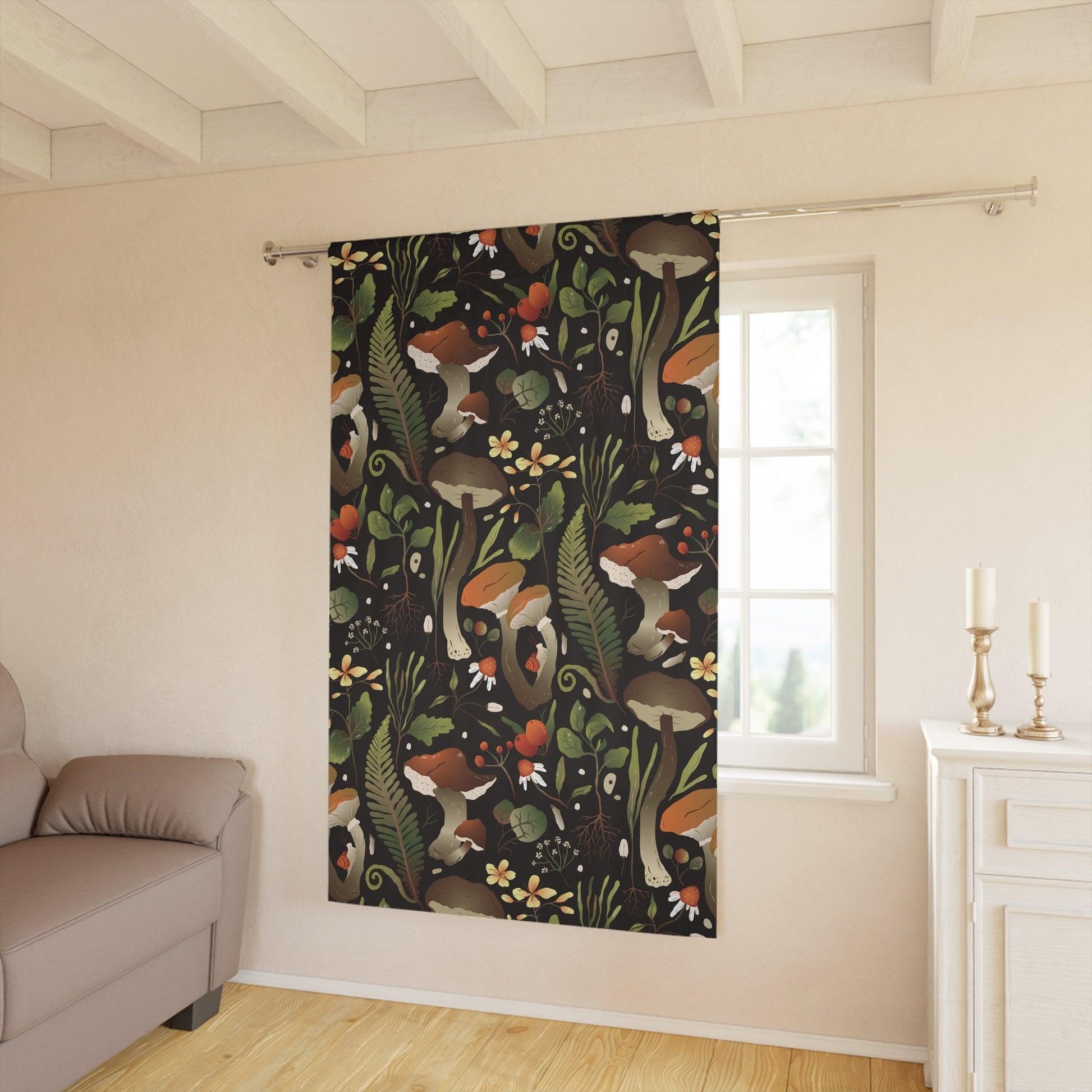 Mushroom Cottagecore Enchanted Forest Green, Black & Orange Blackout Window Curtain | lovevisionkarma.com