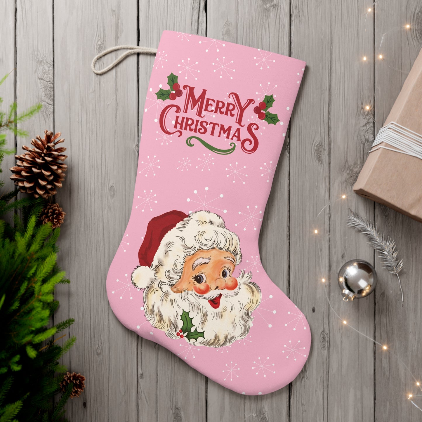 Retro Santa 50s Atomic Burst, Vintage Style Mid Century Mod Pink Christmas Stocking