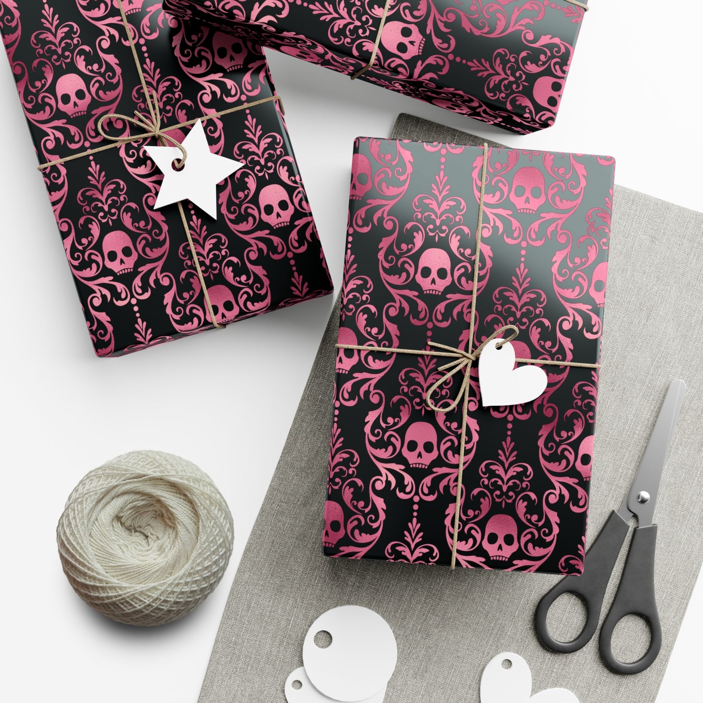 Pink Damask Skulls, Victorian Goth, Dark Academia, Goth Christmas & Creepmas Glam Black Eco-Friendly Gift Wrap Paper