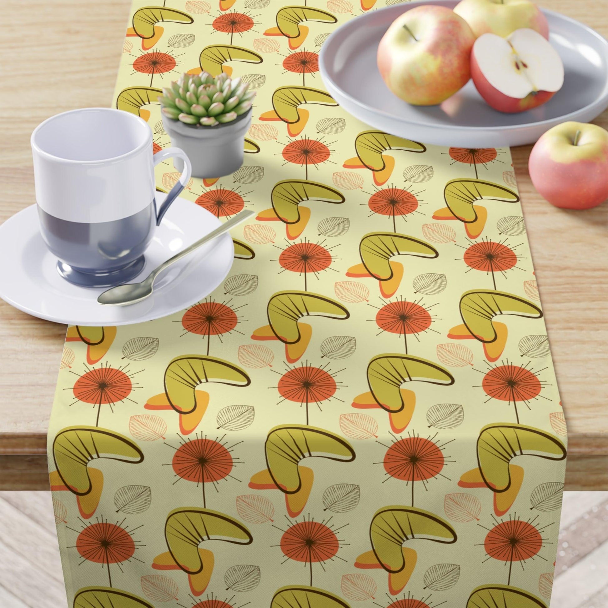 Retro Atomic Boomerangs & Leaves MCM Orange, Green & Yellow Table Runner | lovevisionkarma.com