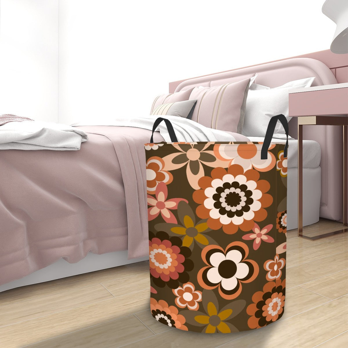 Retro 60s 70s Groovy Flowers Boho Brown and Coral MCM Round Laundry Hamper