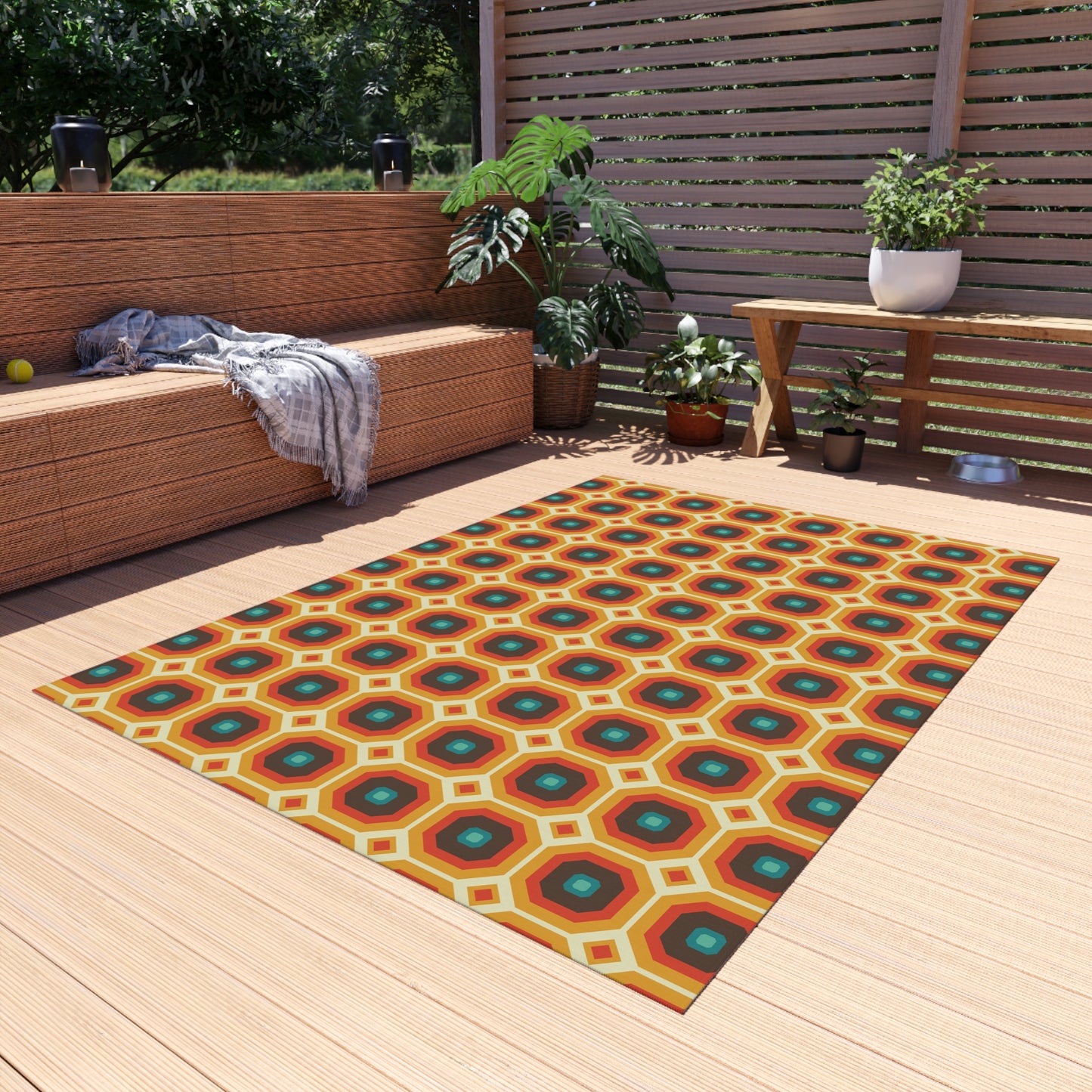 Retro 60s 70s Funky Mod Square Mid Century Geo Brown & Orange Anti-Slip Indoor/Outdoor Accent Rug