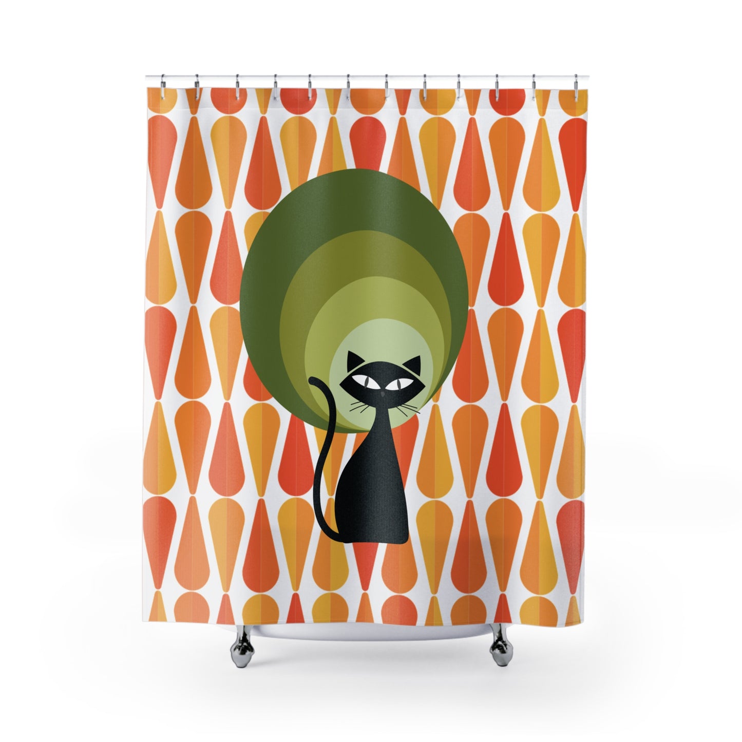 Retro Atomic Cat 60s 70s Mid Century Modern Geometric Orange, Yellow & Green Shower Curtain