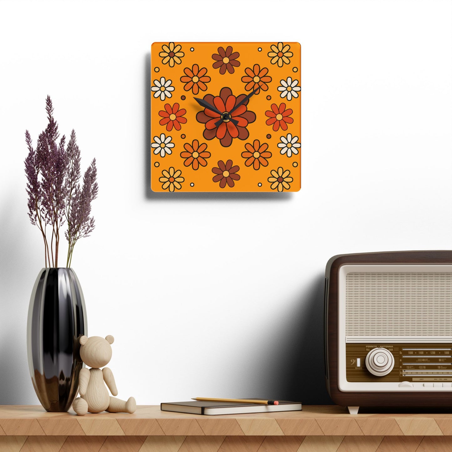 Retro 60s 70s Groovy Mod Daisy Floral Mid Century Orange & Brown Acrylic Wall Clock