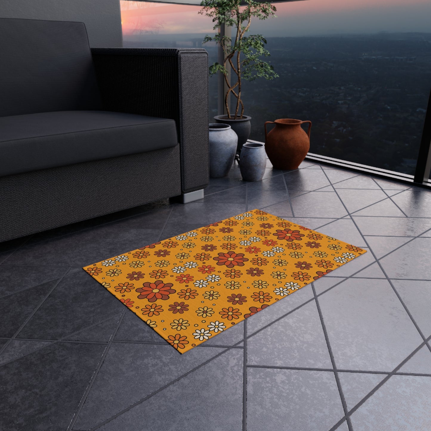 Retro 60s 70s Groovy Mod Daisy, Floral Mid Century Orange & Brown Anti-Slip Indoor/Outdoor Accent Rug