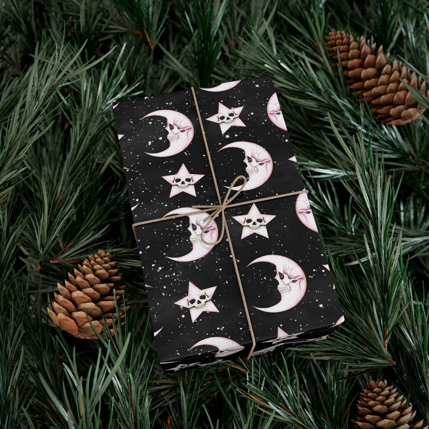 Goth Christmas Celestial Moon & Stars, Whimsical Kawaii Creepmas Black Eco-Friendly Gift Wrap
