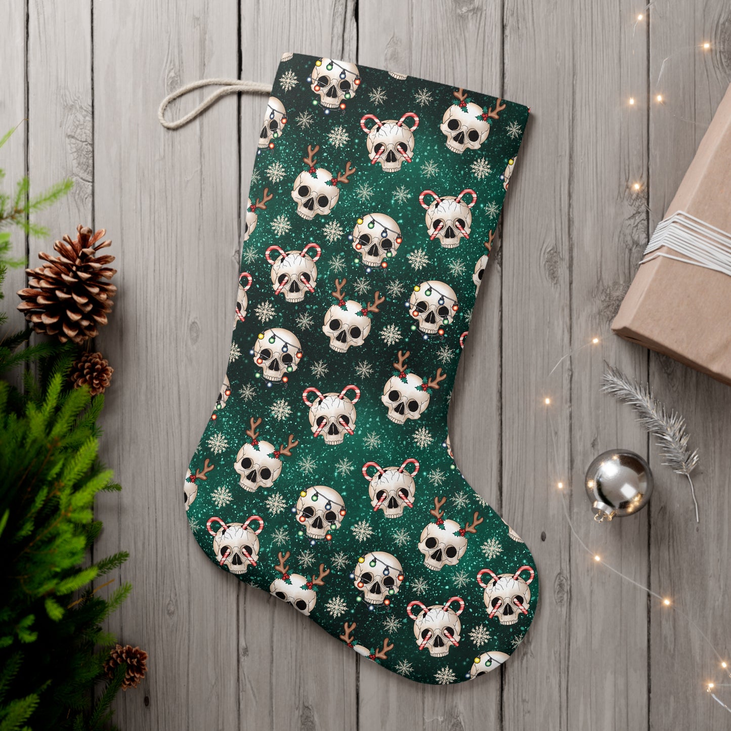 Goth Christmas Festive Skulls, Kitschy Creepmas Green Holiday Stocking