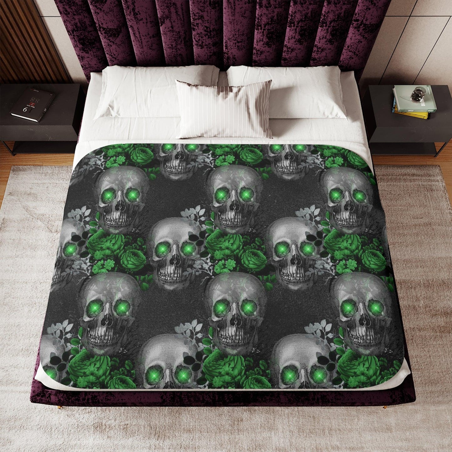 Gothic Floral Skulls with Green Eyes Glam Goth Sherpa Blanket | lovevisionkarma.com