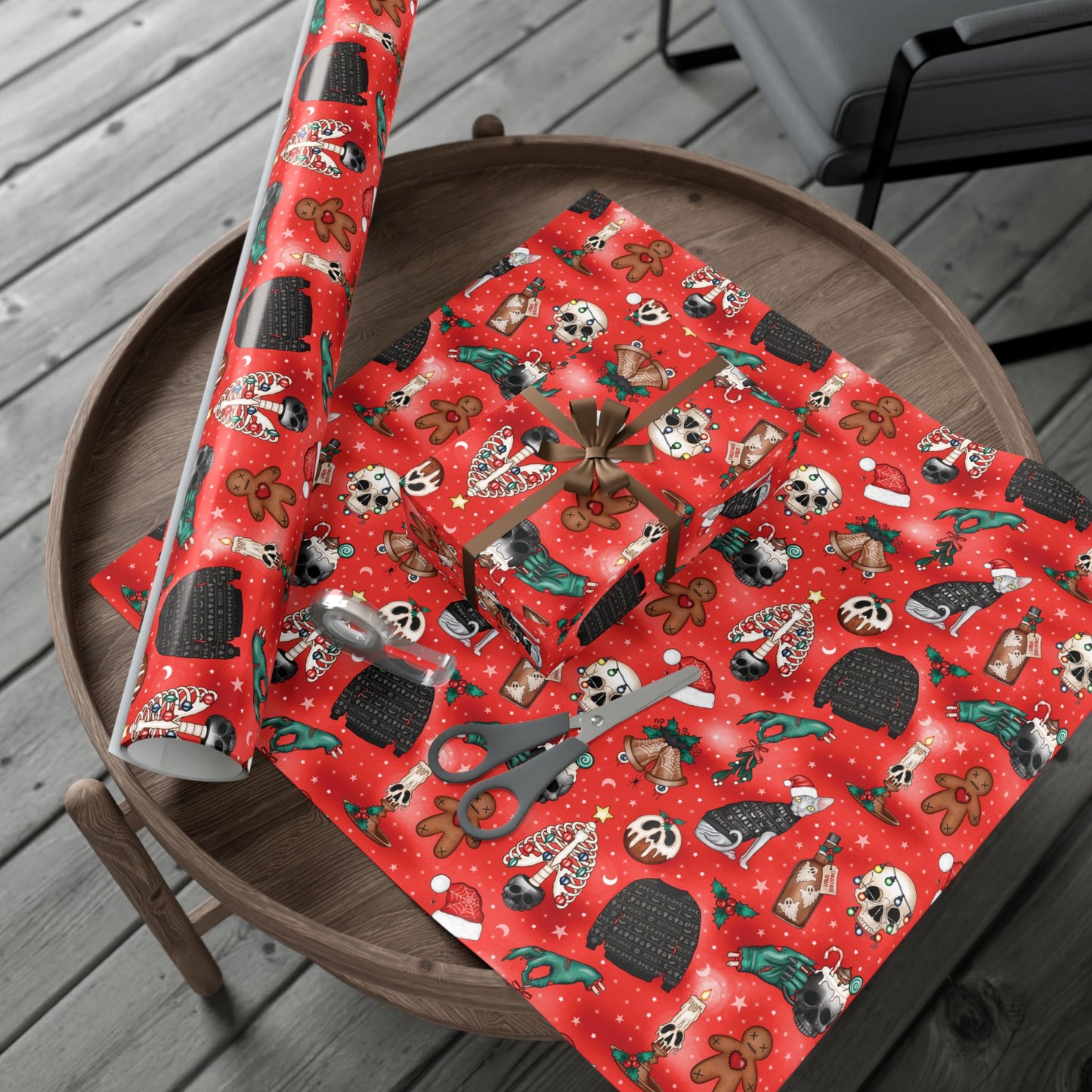 Goth Christmas Kitsch Skulls, Cats & Zombie Hands Red Eco-Friendly Gift Wrap Paper