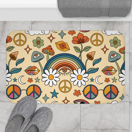 Groovy 60's, 70's Boho Rainbow and Trippy Mushrooms Multicolor Bath Mat