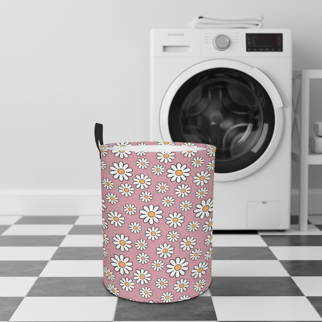 Retro 60s Boho Daisy Dusty Rose MCM Round Laundry Hamper