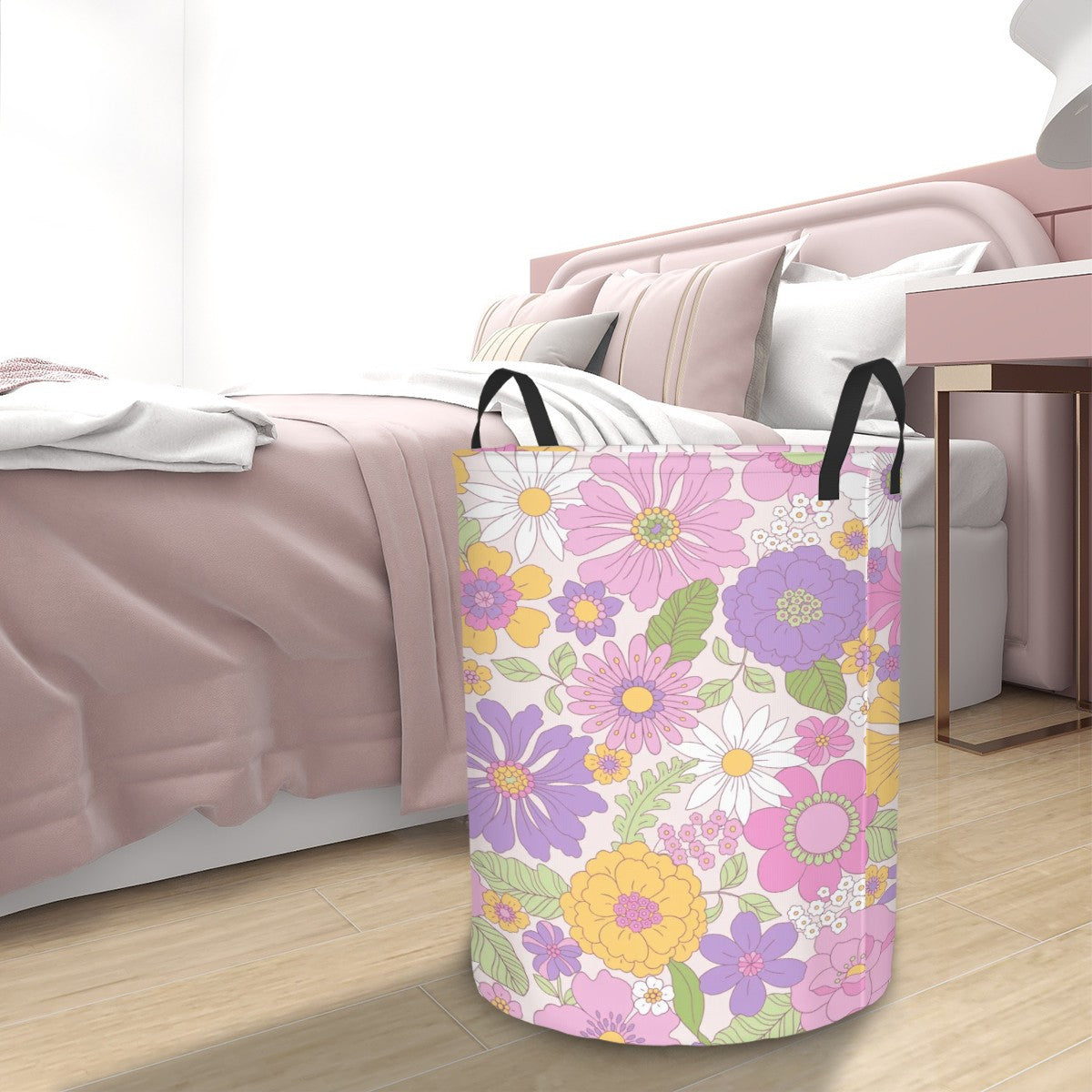 Retro 60s 70s Groovy Boho Flowers Pink, Yellow & Purple Mid Century Mod Round Laundry Hamper