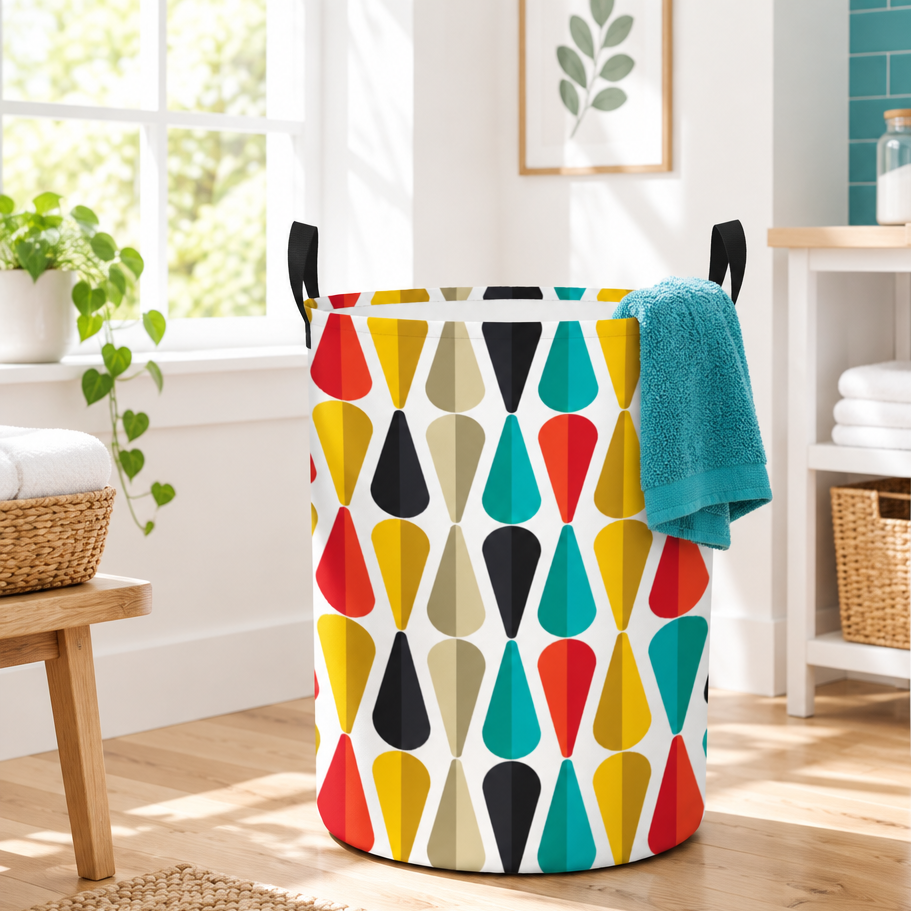 Retro 50s Mid Century Mod Bold Geometric Multicolor Round Laundry Hamper